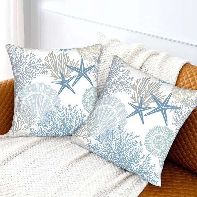 BETGINY Coastal Throw Pillow Cover 16 X 16 Inch Pack of 2, Summer Ocean Themed Pillow Covers Square Cushion Farmhouse Seashell Starfish Beach Pillow Cases for Bedroom Living Room Patio