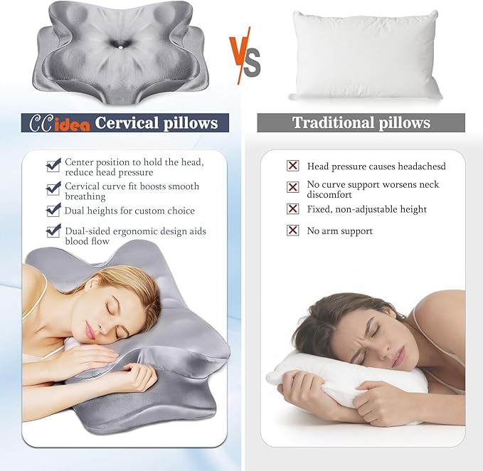 CCidea Bed Pillow for Sleeping, Ergonomic 50D Memory Foam Pillow, Adjustable Dual Height Support Pillow for Side Back Stomach Sleepers, Satin Cooling Breathable Pillowcase, US Patent, Odorless