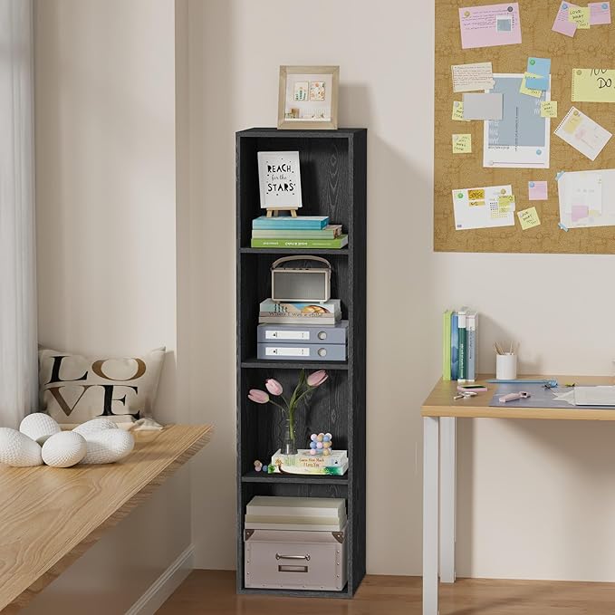 4 Tier Bookshelf, Freestanding Corner Storage Shelve Book Case for Narrow Space, 4 Cube Storage Organizer Small Bookcase for Home Office Living Room (Black, 4 Cube)