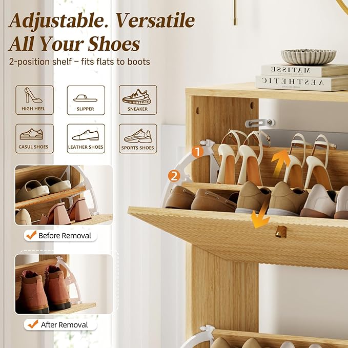 Nicetree Shoe Storage Cabinet for Entryway - Flip Shoe Cabinet with Tiered Fluted Design - Slim Shoe Storage Rack with Gold Legs - Narrow Shoe Cabinet Hidden Shoe Organizer for Small Spaces