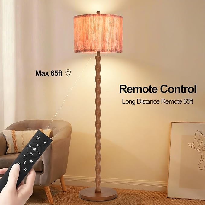 Wood Floor Lamps for Living Room Boho Farmhouse Floor Lamp with Remote Control,Dimmable LED Floor Lamp Mid Century Modern Standing Lamp with 3 Color Temperature Tall Floor Lamps For Bedroom Corner