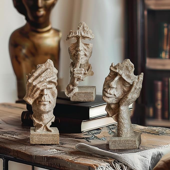 3 Pcs Thinker Statue, Silence is Sandstone Abstract Art Figurine, Modern Home Resin Decorative Objects Decor for Home Office Bookshelf Desktop,No Hear No See No Speak Knick Knacks