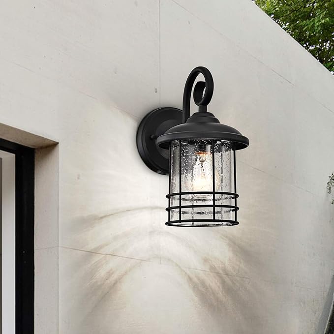 MICSIU 9.8" Textured Black Outdoor Wall Light 2 Pack, 5.5" Wide Exterior Wall Lantern Light with E26 Based Socket, Clear Seedy Glass Exterior Wall Light for House, Entryway, Patio, Garage, Doorway