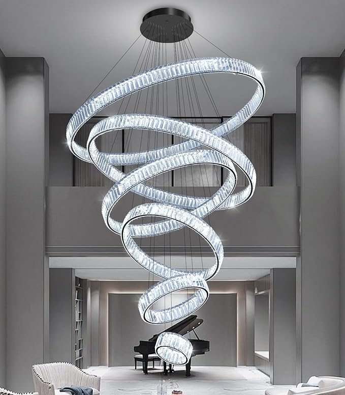 Large Ring Chandelier Modern Crystal Chandeliers for High Ceiling Round LED Dimmable Ceiling Light Fixture for Foyer Long Stair Black 8''+16''+24''+32''+40''+47''