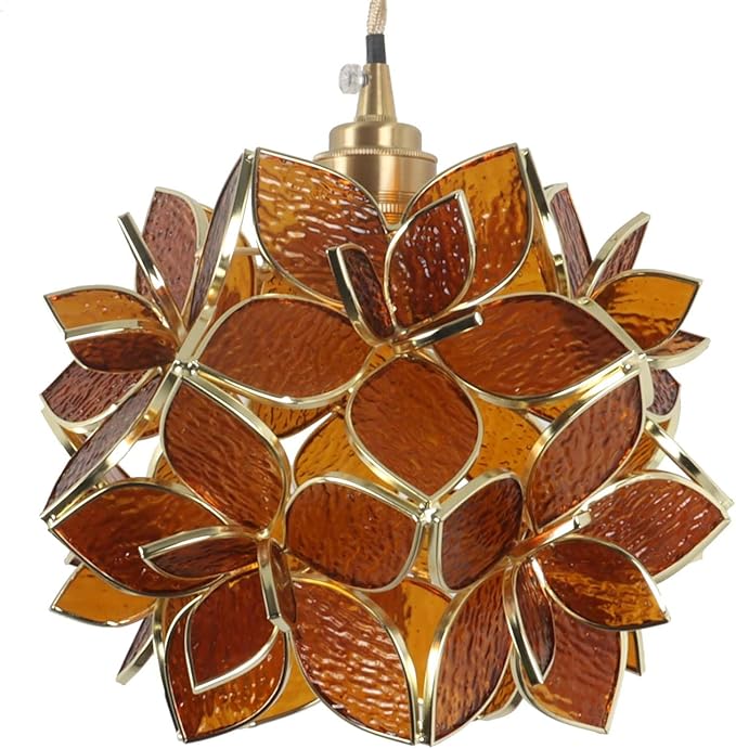 Bieye L11009 Petals Tiffany Style Stained Glass Ceiling Pendant Light for Home Decoration (Textured Amber, 8" Rose Lily)