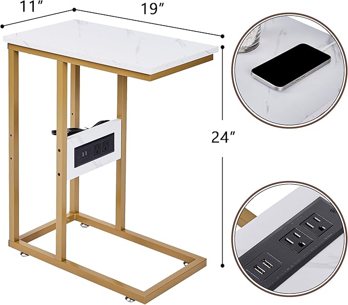 VECELO C-Shaped End Side Table with Charging Station & 2 USB Ports and Outlets for Living Room, Bedroom, with Adjustable Feet for Couch Sofa, Bedside, Small Spaces， Gold