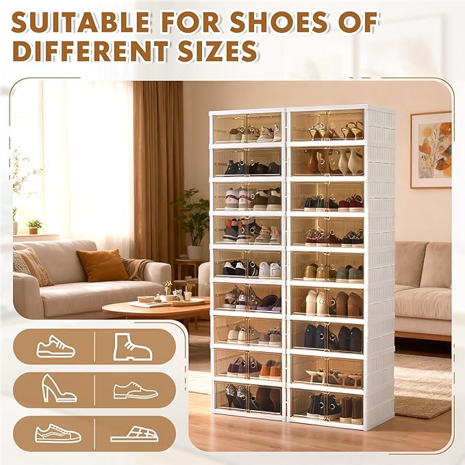SAYMA Collapsible Shoe Rack Organizer Foldable Shoe Shelves, Plastic Large Folding Shoe Cabinet with Door, Easy Assembly Shoe Cabinet for Entryway (2 x 9 Tiers-18 Pairs)