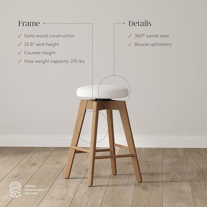 Nathan James Amalia Bohemian Swivel Bar Stool, Backless Counter Height Boucle Counter Stool with Solid Wood Legs and Upholstered Seat, White Oak Set of 3