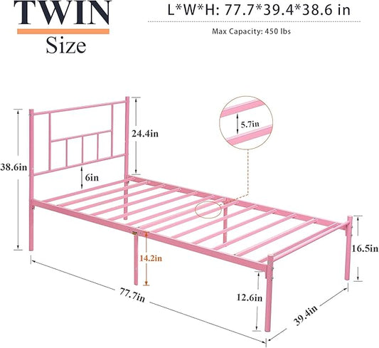 VECELO Twin Metal Platform Bed Frame with Headboard, Heavy Duty Steel Slat Support, Under Bed Storage,No Box Spring Needed, Easy Assembly