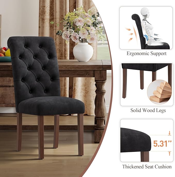 Upholstered Tufted Dining Room Chairs Set of 6, Parsons Kitchen Chairs with Padded Seat and Solid Wood Legs, Fabric Accent Side Diner Chair for Dining Room/Kitchen/Living Room, Black