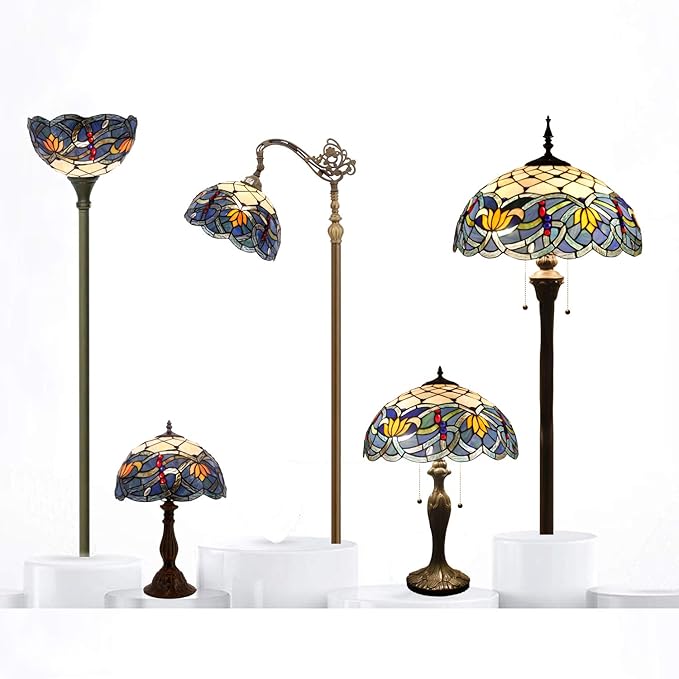 WERFACTORY Tiffany Table Lamp Stained Glass Bedside Lamp Blue Lotus Desk Reading Light 12X12X18 Inches Decor Bedroom Living Room Home Office S220 Series