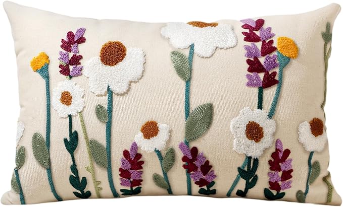 Embroidered Lumbar Pillow Cover - 20x12 Decorative Pillow Cover with Zipper Aesthetic Cute Design Boho Spring Summer Throw Pillowcase for Living Room Couch Sofa Bed, Wild Floral