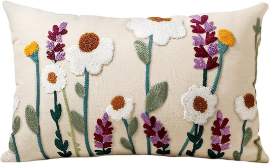 Embroidered Lumbar Pillow Cover - 20x12 Decorative Pillow Cover with Zipper Aesthetic Cute Design Boho Spring Summer Throw Pillowcase for Living Room Couch Sofa Bed, Wild Floral