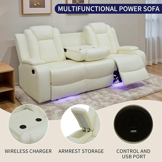 Power Recliner Sofa Set, Leather Reclining Sofa Sets with LED Lights, Living Room Furniture Set, Loveseat with Console Storage, Recliner Couch with USB Port (Sofa and Loveseat, White)