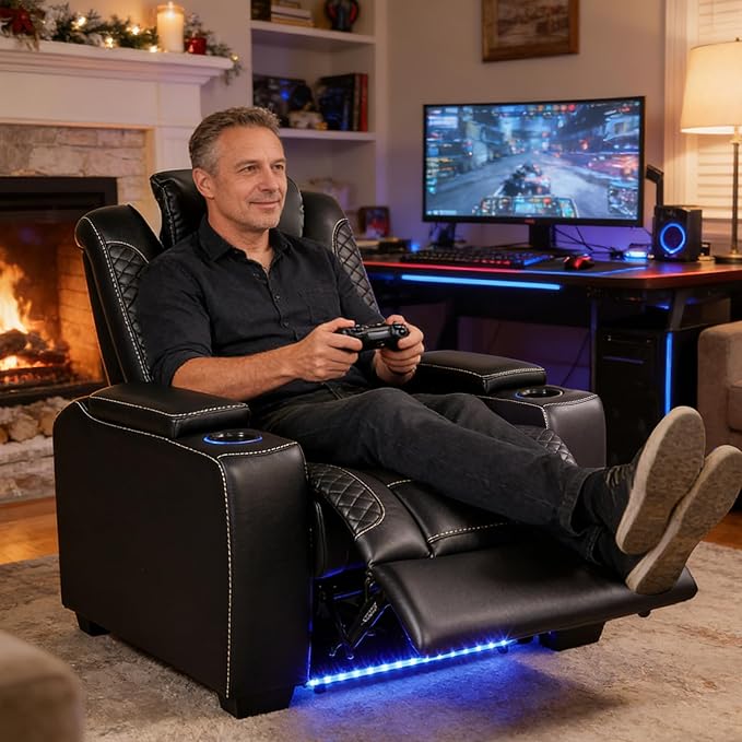 ANJ Recliner Sofa Set: 3-Seat Home Theater Seating and 2 PCS Loveseats with LED Lights, USB Charging, Faux Leather for Living Room (Black)