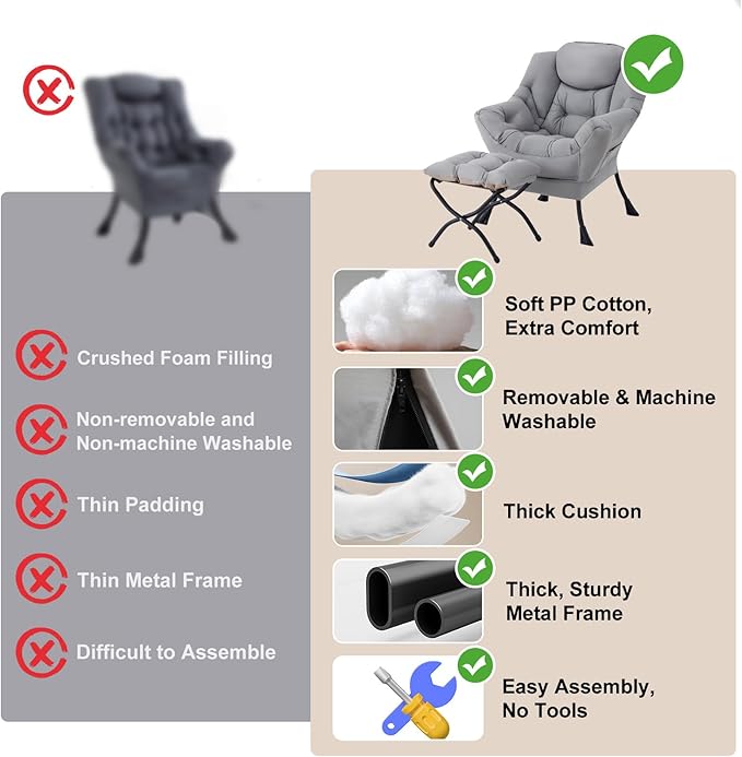 Lazy Chair with Ottoman, Modern Accent Chair with Folding Footrest, Light Grey Sofa Chair Set, Comfortable Reading Chairs, Oversized Armchairs for Bedroom, Study, Living Room, Courtyard