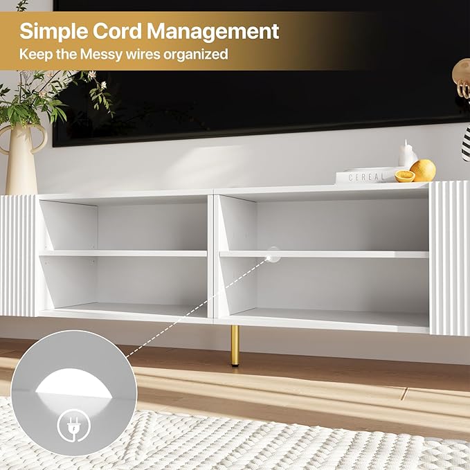 Modern 86in TV Stand for Living Room, Fluted Design Entertainment Center with Adjustable Shelves,Media TV Console Table with Storage for Bedroom,White