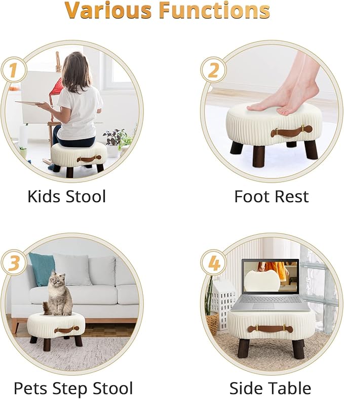 LUE BONA Small Curved Foot Stool with Handle, Beige Velvet Footstool and Ottomans, Modern Foot Rest with Wooden Legs, Step Stool with Padded Seat for Couch, Living Room