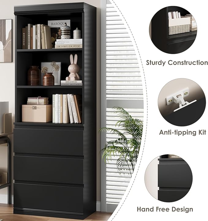 IDEALHOUSE 70" H Bookcase with 3 Storage Drawers,Tall Bookshelf w/ 3-Tier Open Shelf, Morden Storage Bookcase Wooden Deep Bookshelves Storage Cabinet Organizer for Library Office Living Room (Black)