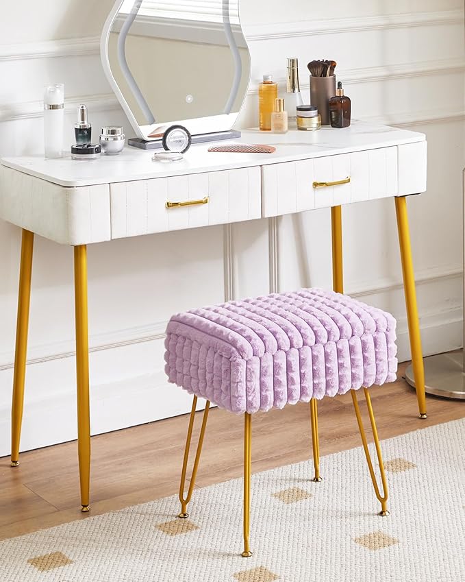 IBUYKE Rectangle Vanity Chair with Storage Space, Footrest Footstool Ottoman, Vanity Stool, Dressing Table Chair, with Anti-Slip Feet, for Makeup Room, Bedroom, Square Grid Pattern, Purple WBD004V