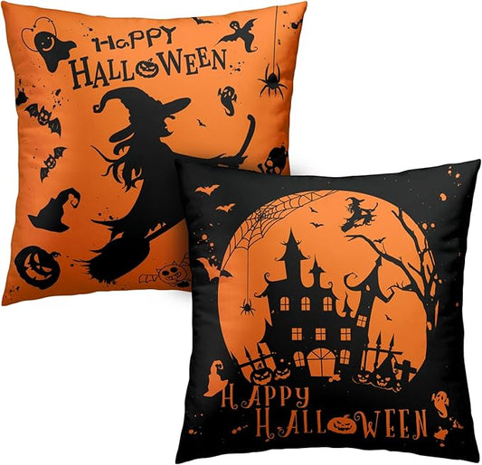 Halloween Decor Indoor Fall Pillow Covers 20x20 Pack of 2 Witch Castle Decor Black and Yellow Pillow Case Happy Halloween Pillow Covers Hallowee Room Decor for Sofa Bedroom