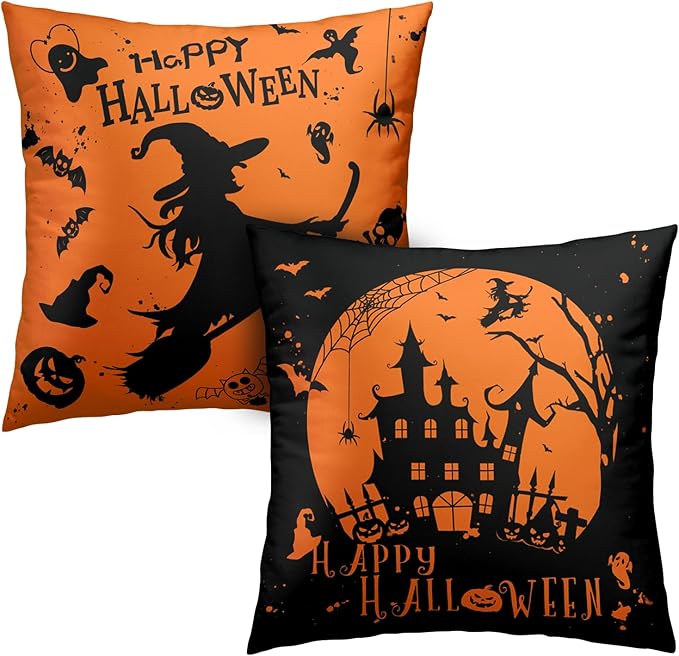 Halloween Indoor Decorations Witch Castle Spider Web Halloween Pillows Cases 16x16 Set of 2 Hallowee Fall Throw Pillows Covers Orange and Black Pillows Covers for Sofa Couch
