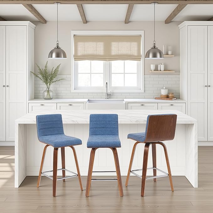Vienna Modern Counter Height Swivel Bar Stool with Vintage Blue Upholstered Seat and Walnut Finished Wood Frame Set of 2