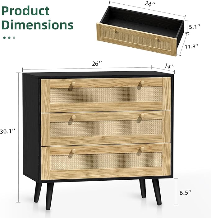 3 Drawer Rattan Dresser for Bedroom, Modern Wooden Dresser Chest with Handles for Bedroom, Hallway and Living Room, Black