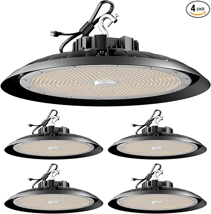 420W LED High Bay Light 5000K Daylight UFO Commercial Bay Light AC100-277V, 63000LM (1680W MH/HPS) High Bay LED Shop Lights with Plug and US Hook-4Pack