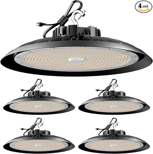 420W LED High Bay Light 5000K Daylight UFO Commercial Bay Light AC100-277V, 63000LM (1680W MH/HPS) High Bay LED Shop Lights with Plug and US Hook-4Pack