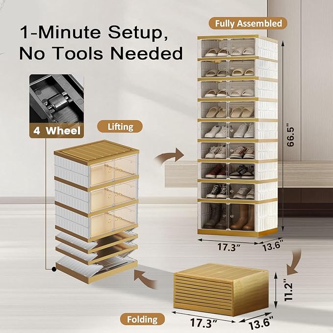 Foldable Shoe Rack Organizer Folding Shoe Boxes, 9 Tier 18 Pairs Storage Shoe Cabinet Collapsible Shoe Rack with Magnetic Clear Door Easy Assembly Shoe Cabinet with Wheels, White Gold