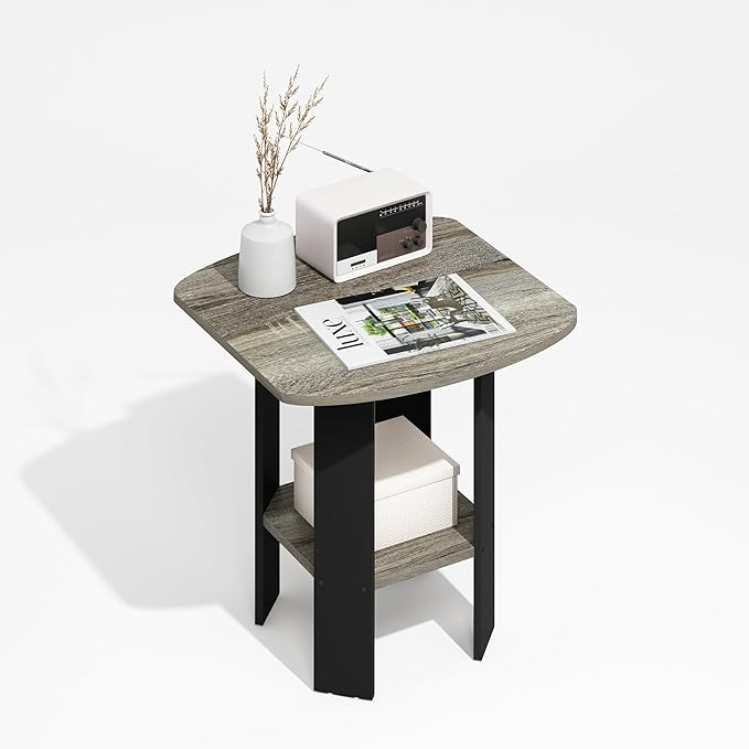 Furinno Modern Side Table, Square Round Corner End Table with Storage Shelf, Night Stand, Bedside Table, for Living Room, Bedroom, Grey Oak