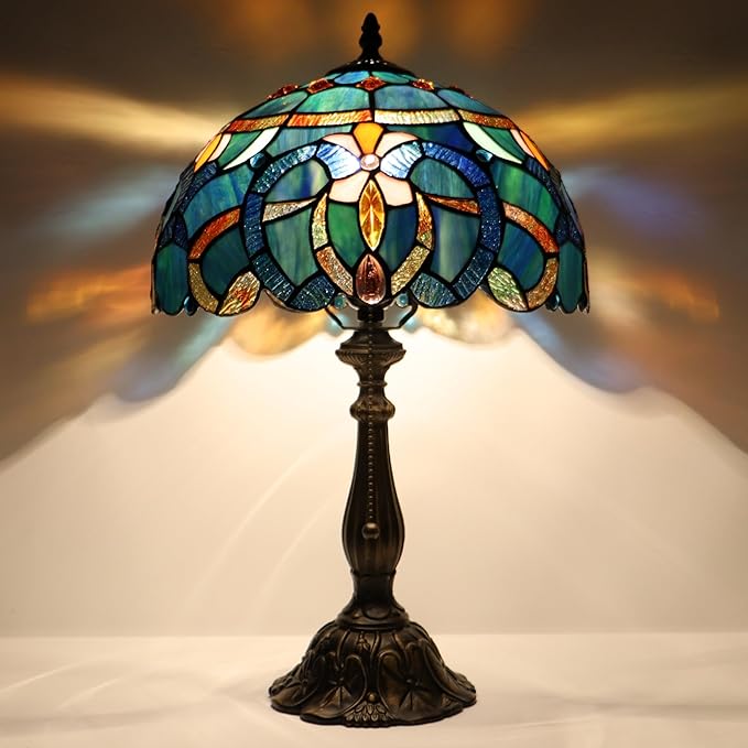 Tiffany Lamp Table Lamp Bedside Reading Light W12H19 Inches (Blue Baroque Style)