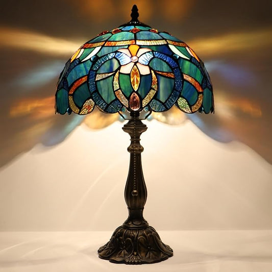 Tiffany Lamp Table Lamp Bedside Reading Light W12H19 Inches (Blue Baroque Style)