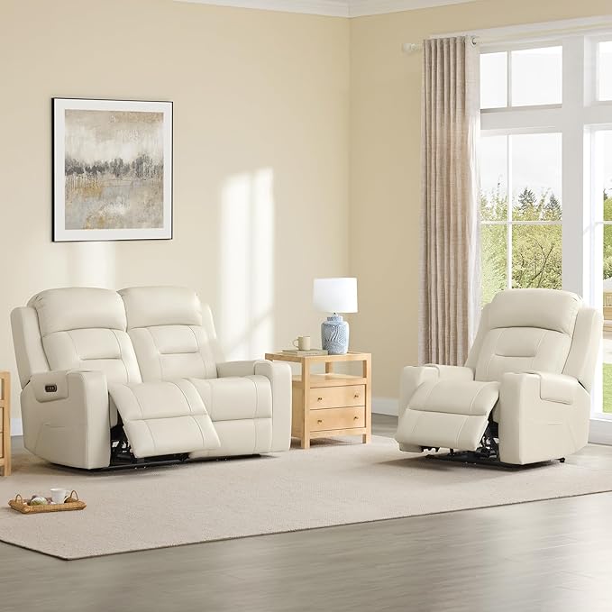 Watson & Whitely Genuine Leather Power Loveseat Recliner Sofa, Lay Flat Loveseat Reclining Sofa with Power Headrest, Cup Holders, USB & Type-C Ports, Dual Recliners for Living Room, Cream