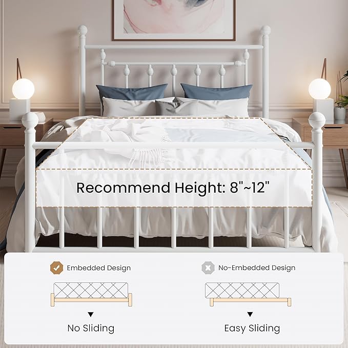 SHA CERLIN 14" Full Size Metal Platform Bed Frame/Victorian Headboard and Footboard/Steel Slats Mattress Foundation for Storage/No Box Spring Needed/Noise Free/White