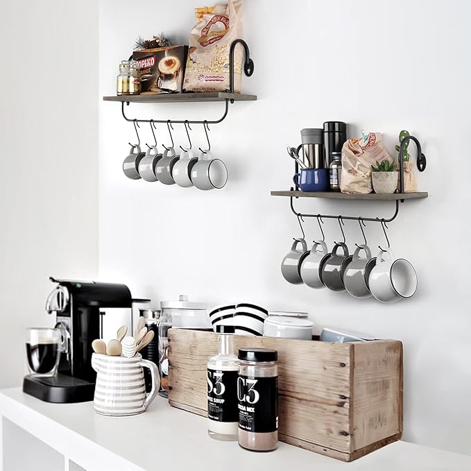 Olakee Coffee Mug Cup Holder Wall Mount, Floating Wall Shelves for Coffee Bar Organizer and Decor, Mug Rack Shelf with 10 Hooks for Kitchen Bathroom Accessories Storage Set of 2 (Weathered Grey)