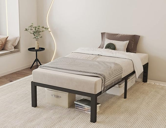 ROIL 14 inch Twin Size Bed Frames with Wide Wood Slats - 3500lbs Heavy Duty No Box Spring Needed Platform, Mattress Stoppers Single Metal Noise Free, Headboard Hole Underneath Storage