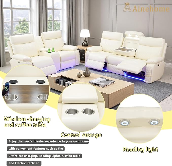 A Ainehome 2 Pieces Living Room Furniture Sets, Breathable Leather Power Recliner Sofa Set, Vanilla White Leather Reclining Sofa Loveseat Couches for Living Room with LED/Storage/Cup Holders