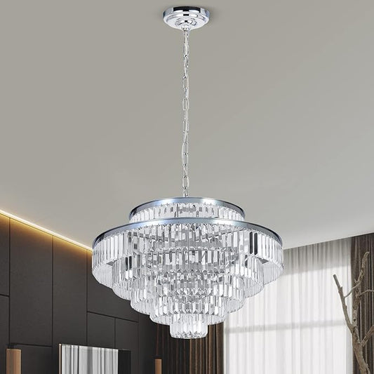 Modern Chrome Crystal Chandeliers Lighting 31'' & Lights Round Hanging Classic, Pendant Ceiling Chandelier Lighting Fixture 6-Tier for Dining Room Living Room(Chrome,31 inch)