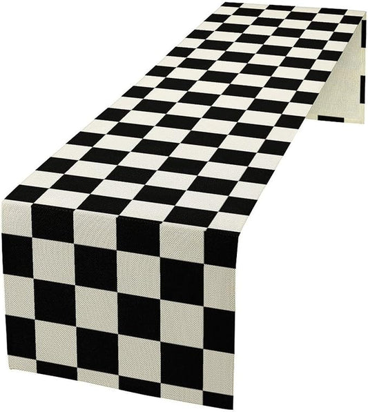 Black White Plaid Table Runner Racing Car Theme for Birthday Reunion Party Home Kitchen Dining Room Dinner Runner Decor 13x120in