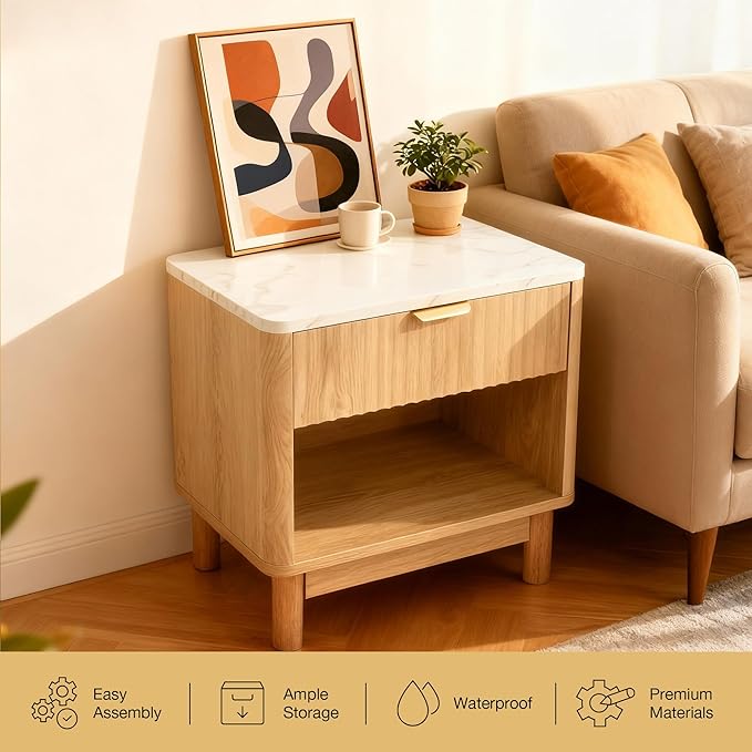 Fluted Dresser with Storage, Bedside Table with Drawer, Natural