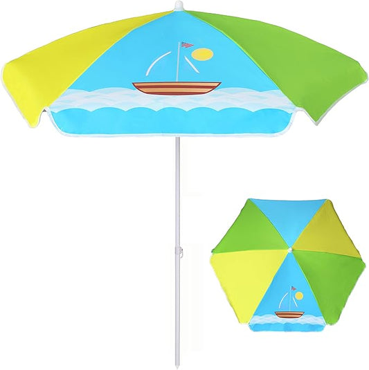 AMMSUN 5ft Seaside Umbrella for Sand Box Water Table - Kids Durable Umbrellas for children Picnic Beach Camping Garden Outdoor Play Shade (5ft Green Yellow Boat)