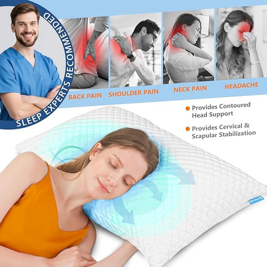 UYWO Cooling Memory Foam Pillows Firm and Soft, King Size 1 Pack, Original Adjustable Pillows for Side, Back or Stomach Sleepers with Removable Washable Cover
