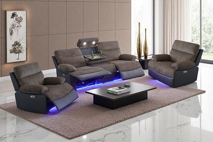 A Ainehome 3 Piece Power Recliner Sofa Set with LED, Power Reclining Sofa and Chair Set, Corduroy Couches Sectional Recliner Chair for Living Room with USB Port/Storage Console