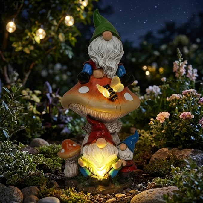 TERESA'S COLLECTIONS Garden Gnomes Statues Decorations for Yard with Solar Lights, Resin Gnome on Mushroom Reading Garden Decor Outdoor for Patio Lawn Ornaments,Ideal Gifts for Dad and Mom, 12.6"