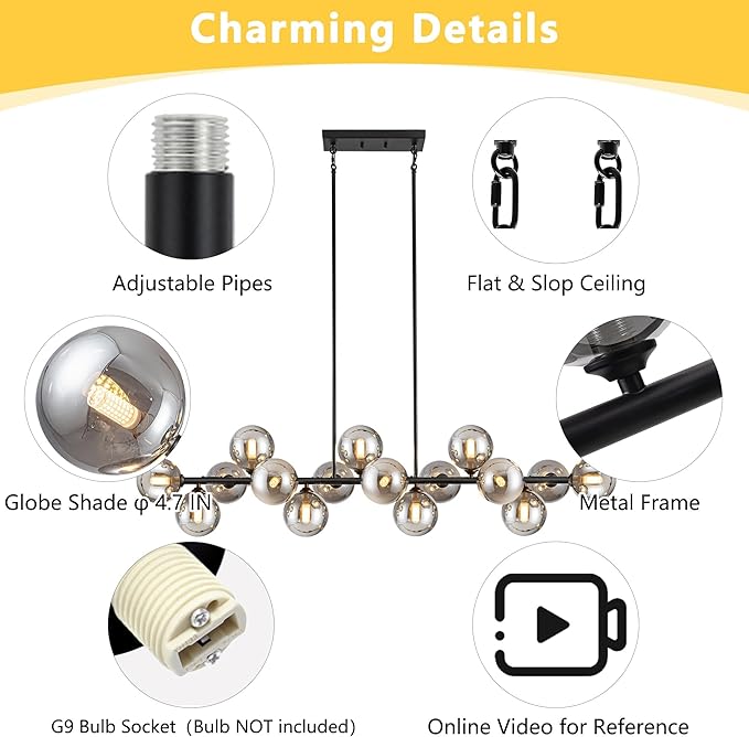 Chandelier,16-Light Black Linear Sputnik Chandelier 55inch Large Pendant Lights Kitchen Island Modern Chandeliers for Dining Room Light Bubble Gray Globe Kitchen Island chandelier Farmhouse Chandelier