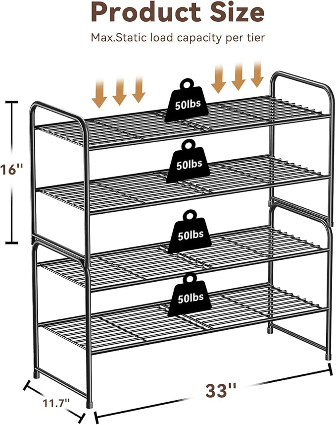 2 Tier Shoe Rack, 32.5" Wide Stackable Sturdy Metal Shoe Shelf Storage Organizer with Height-Adjustable for Entryway, Closet, Black