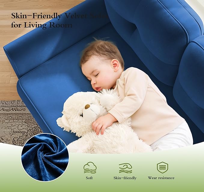 Kidirect 83" Sectional Couch, Velvet L-Shaped Couch 3 Seater Sectional Couches for Living Room, Comfy Fluffy Deep Seat Loveseat, Modular Sectional Sofa with Ottoman for Apartment Office, Blue Couch