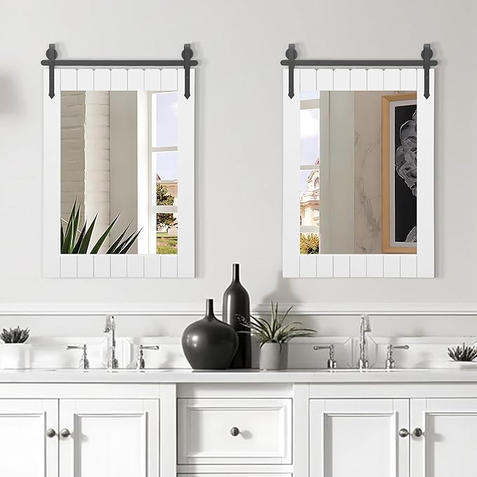Besdomus Bathroom Farmhouse Large Mirror: 24"x36" White Barn Door Solid Cedar Wood Frame Vanity Mirror - Rustic Wall Mounted Mirror for Bathroom/Living Room/Entryway - Farmhouse Decor for Homemakers